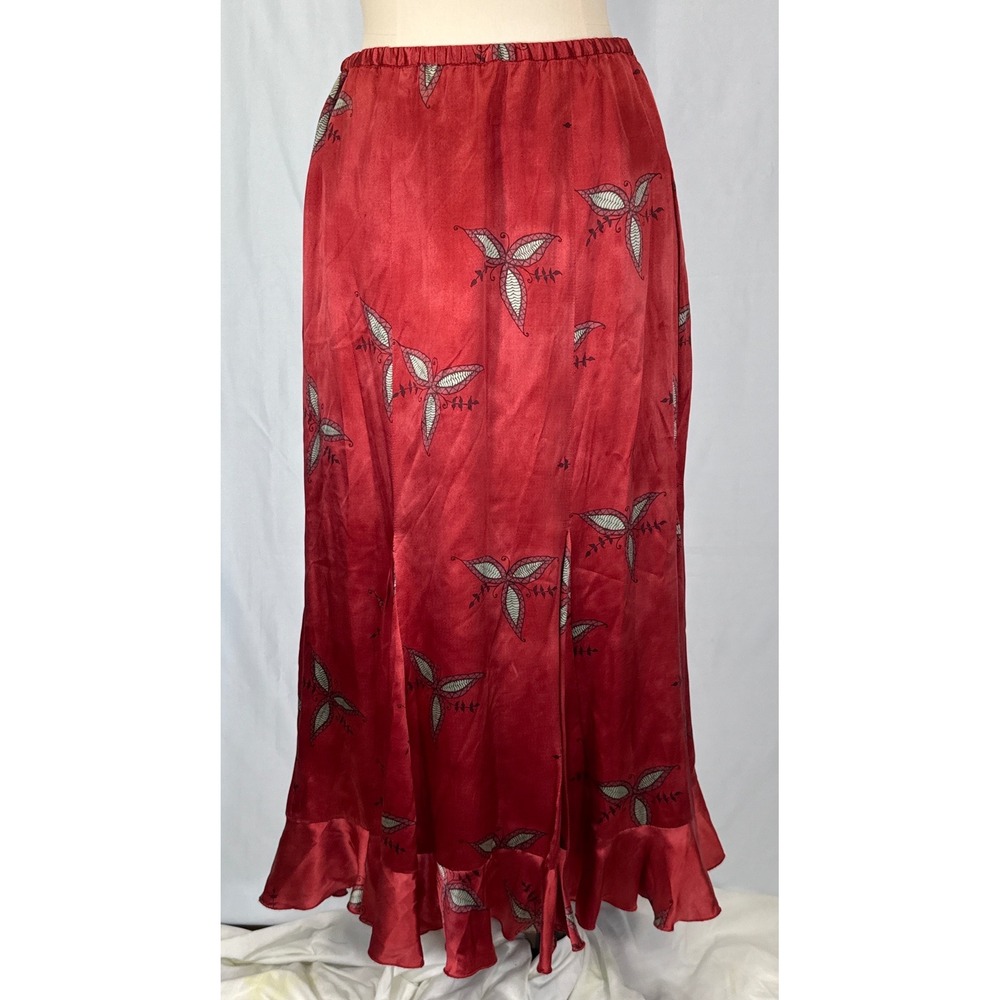 Peruvian Connection Red 100% Silk Leaf Print Ruffle Maxi Skirt 14 Italy Boho Art